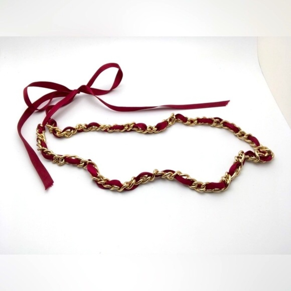 Cherry Burgundy Ribbon Gold Chain Necklace 24-inch